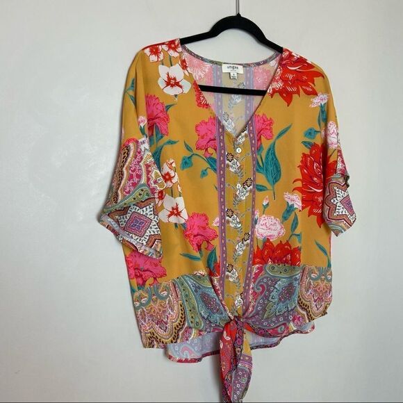 Umgee-floral Tie Front Button Down Short Sleeve (Small) - Picture 3 of 6